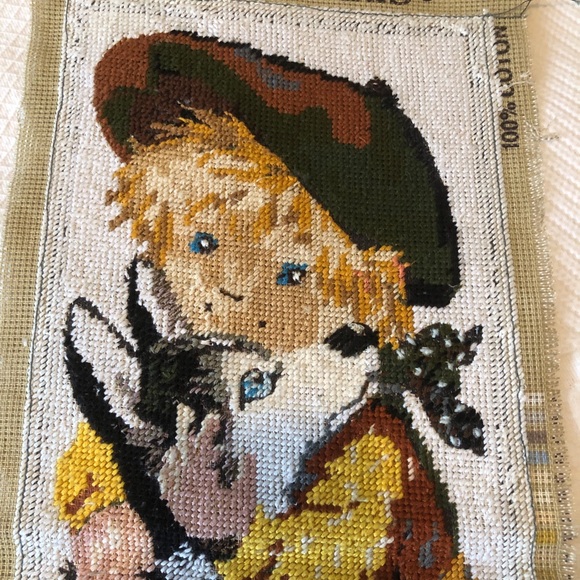 Vintage Needlepoint Panel - Boy & Husky Dog - Picture 2 of 5